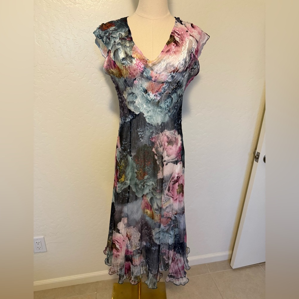 Komarov Floral Charmeuse and Chiffon Midi Dress - size L